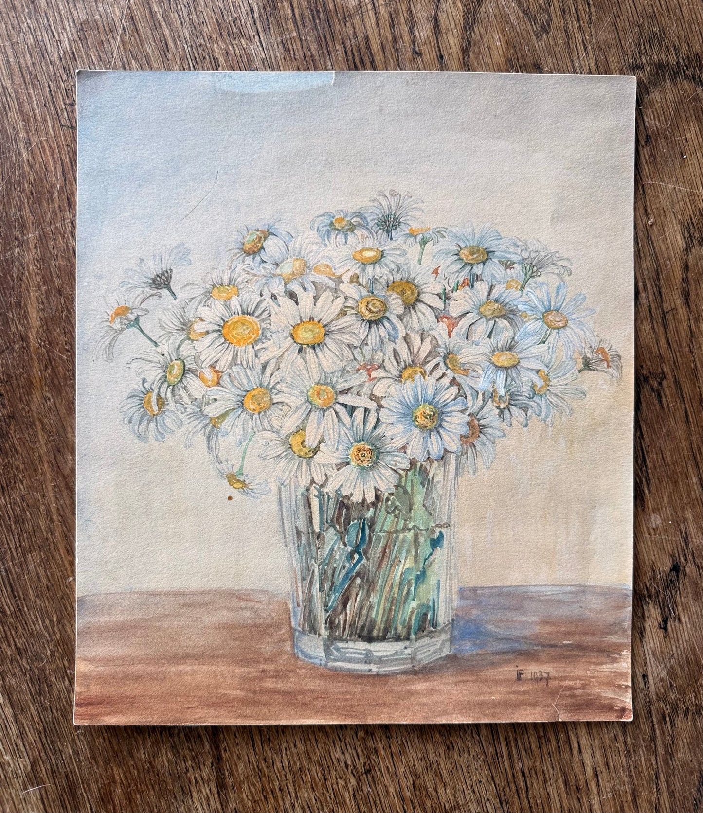 .1937 artist signed watercolour still life Daisies artwork art