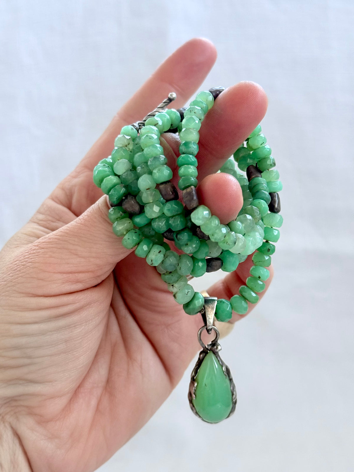 .925 boho Chrysoprase green hand faceted double gemstone necklace
