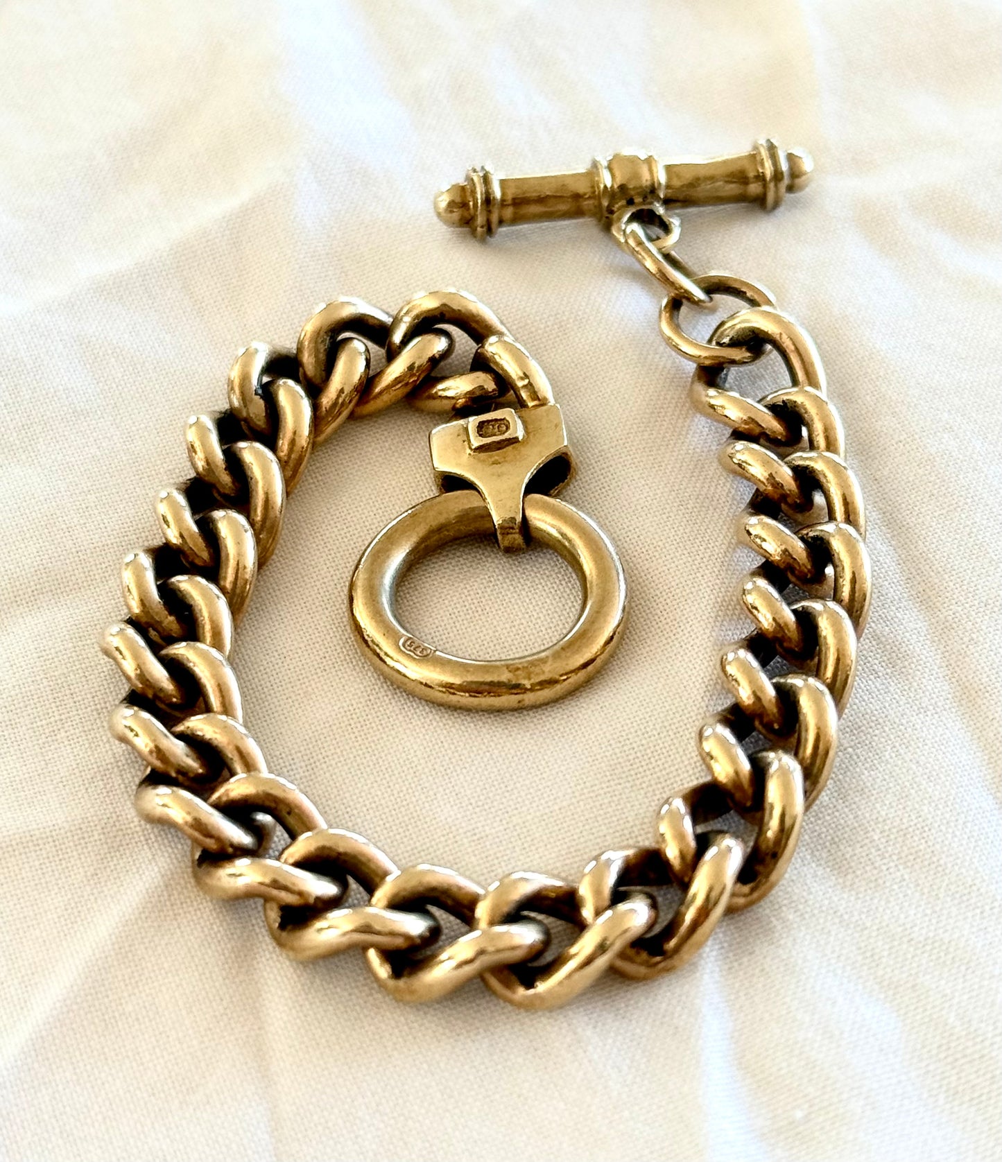 .375 .9ct yellow gold modernist chunky gold solid and heavy gold wide link t-bar toggle chunky fob chain curb bracelet