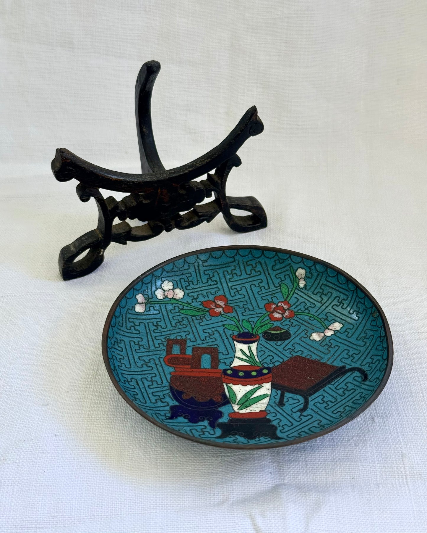 .1940s .1950s .2 plate Chinese Oriental cloisonne enamel plates with antique wooden display stand