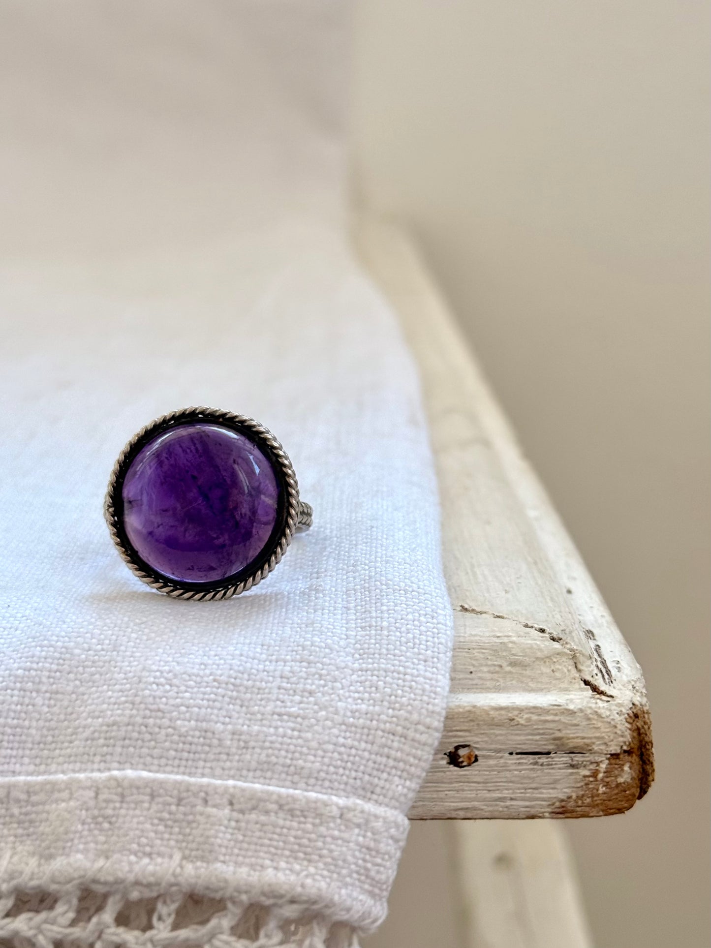 .925 Amethyst cabochon artisan made February birthstone hand crafted large traditional silver craftsman sterling silver statement ring