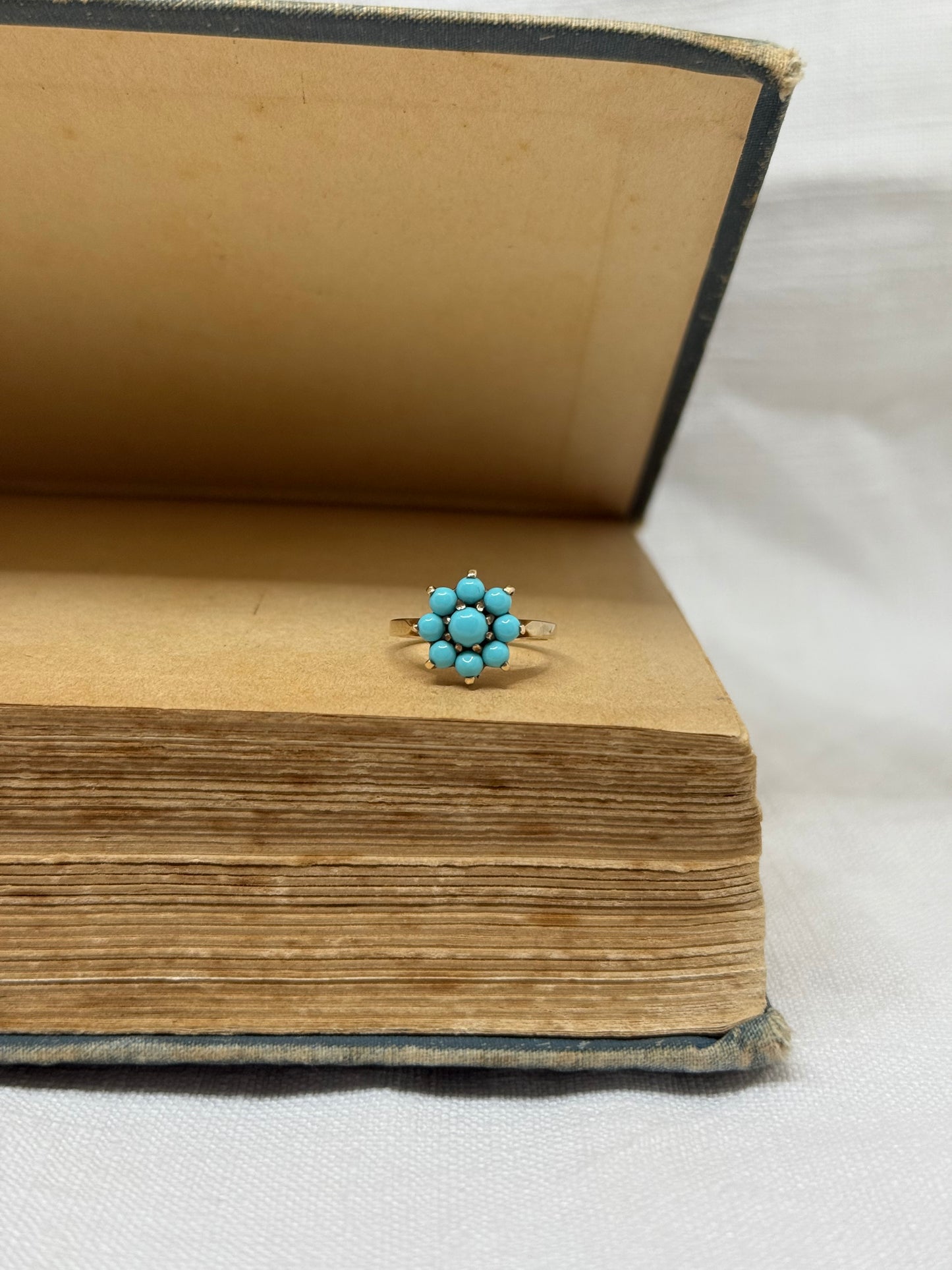 .375 .9ct gold cluster turquoise flower classic precious gemstone gold ring