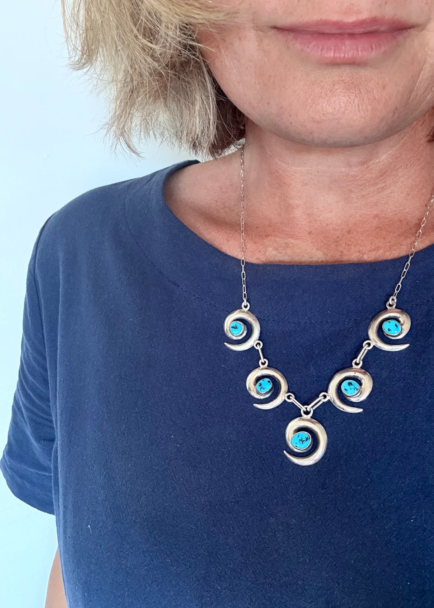 .1970s .925 artisan made Navajo silversmith turquoise silver swirl pattern necklace and designer Mildred Parkhurst earring set
