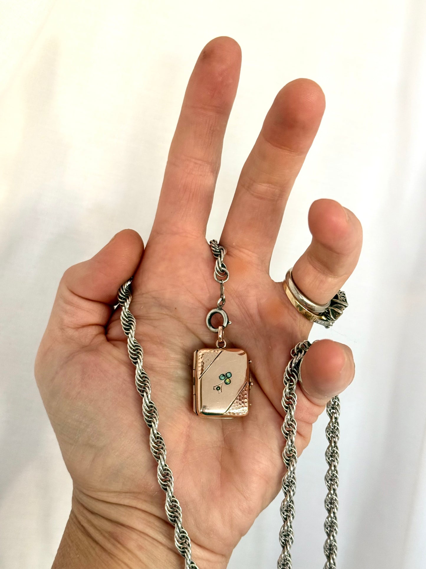 .1890s .1900s antique Victorian to Edwardian exquisite Rose Gold Cased photo locket with Opals and Pearl flower decal and Onyx gemstone back