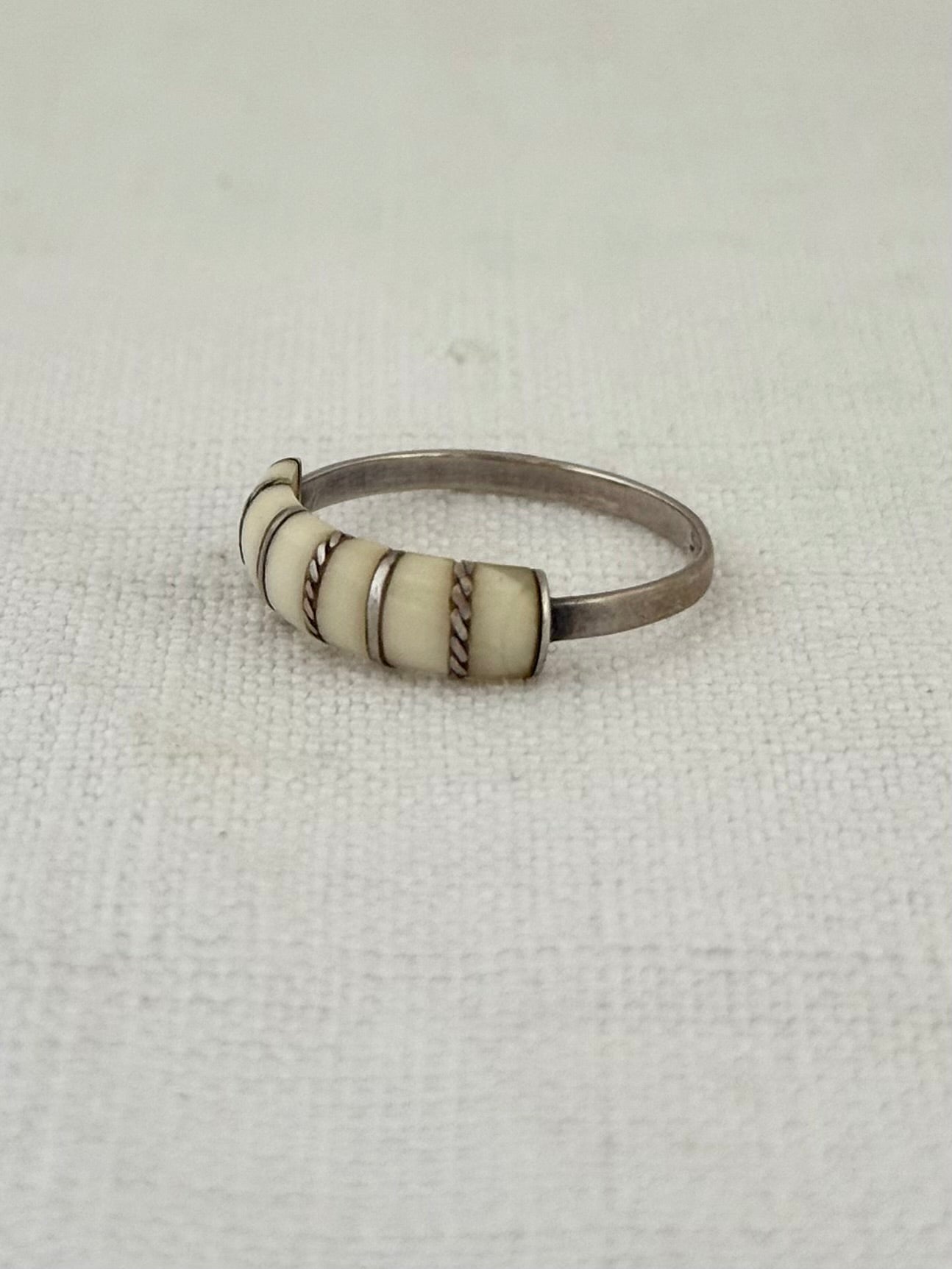 .1960s .1970s .925 artisan silver architectural ivory inlay ring band stackable silver ring