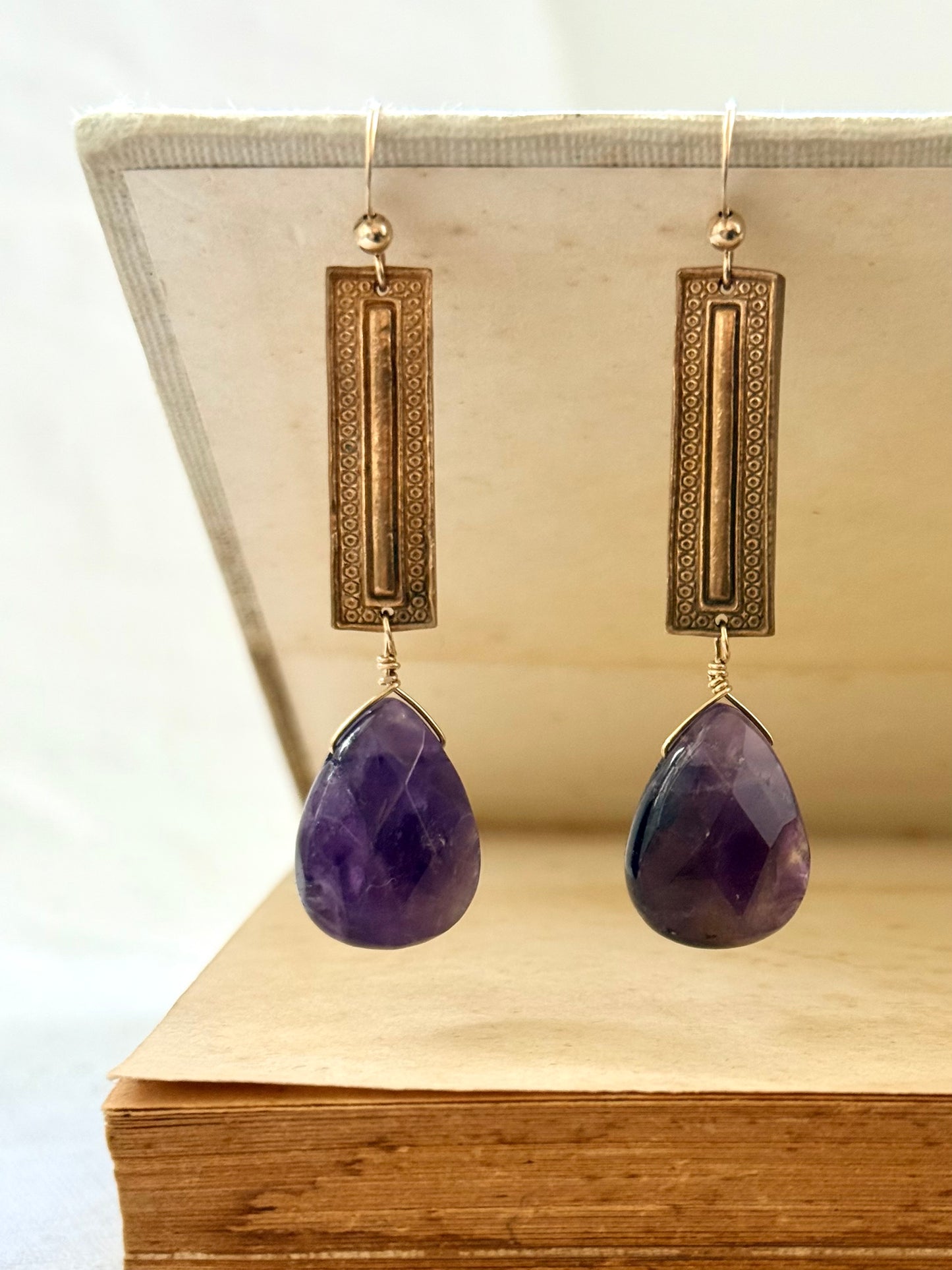 .14k gold Amethyst gemstone Briolette teardrop gold plated artisan made boho drop dangle earrings