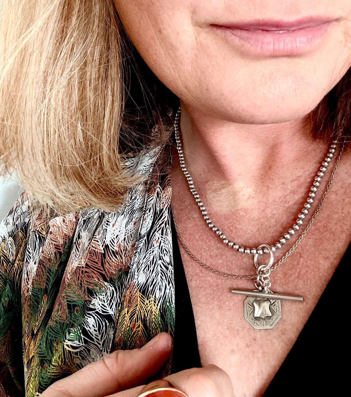 .925 antique revival modernist sterling silver bead chain fob chain t-bar medallion toggle chain necklace