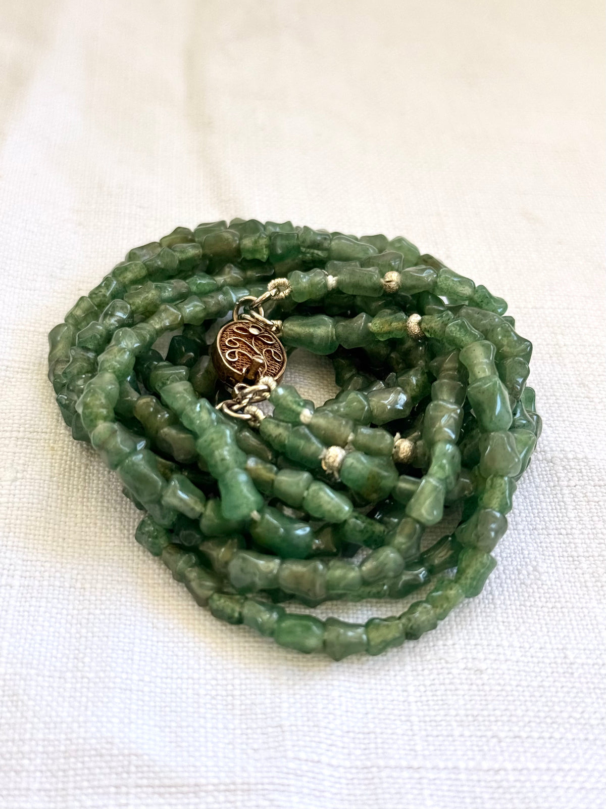 .1920s .1930s .1940s Chinese Aventurine “old Jade” Multi strand hand carved silver bamboo link export silver box clasp collectors necklace