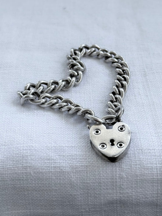 .1970s .925 solid silver chunky Victorian revival oversized heart padlock curb chain link bracelet