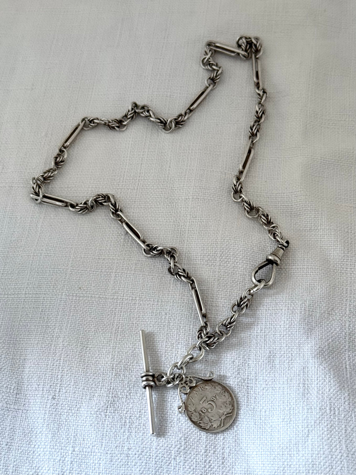 .1888 .1897 .925 antique solid silver fancy Albert fob chain Lovers Knot Trumpet link Paper clip link hallmarked sterling silver Victorian era double love knot watch chain necklace