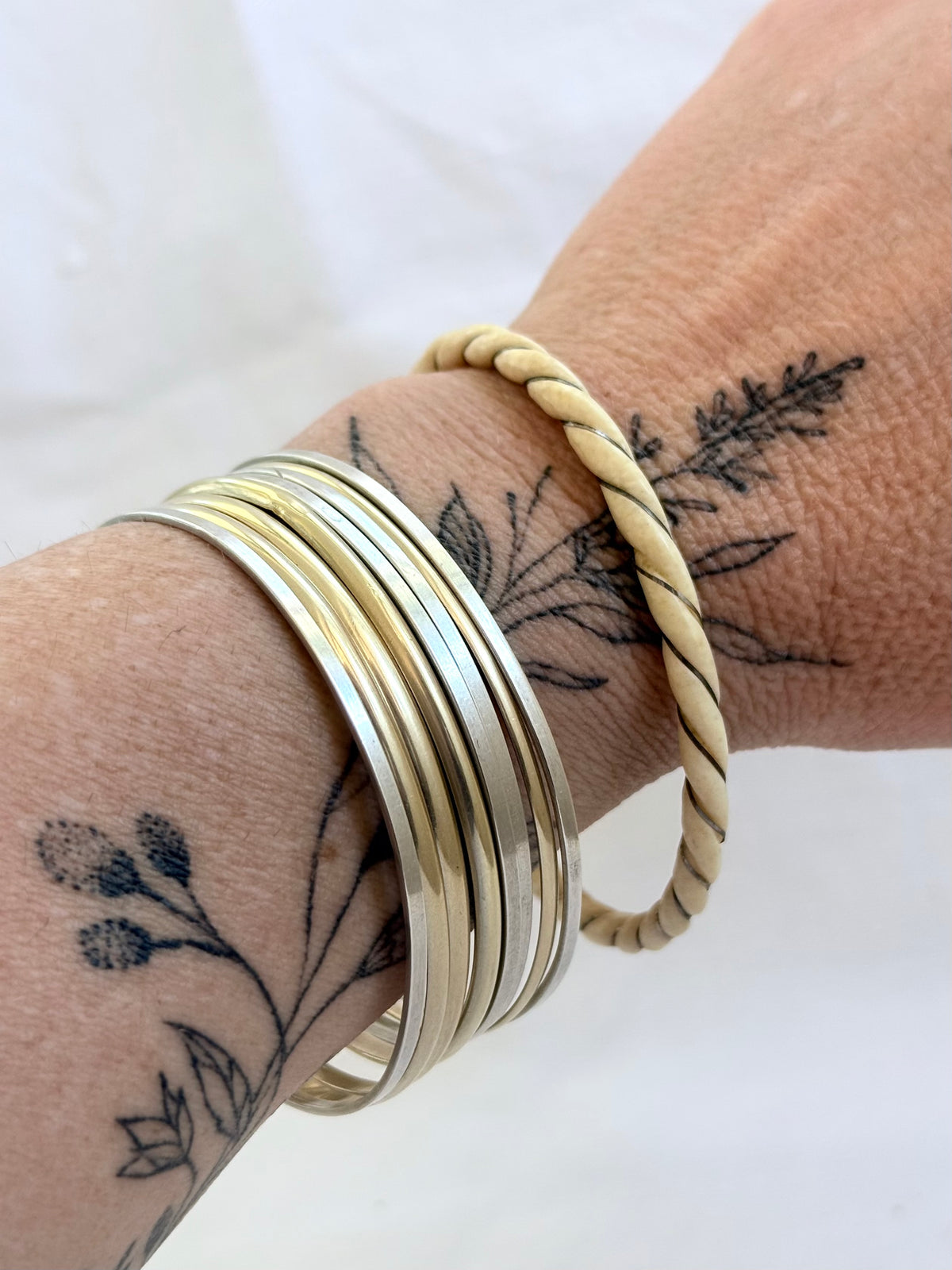 .1900s antique pre ban ivory bone 9ct gold woven wrapped stack bangle
