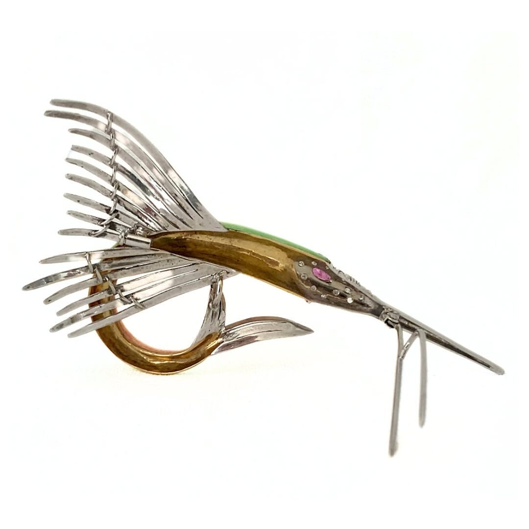 .1940s .18ct .750 high carat Swordfish Diamond, fine Enamel and Ruby Marlin Fish artisan made 750 18k gold dress brooch