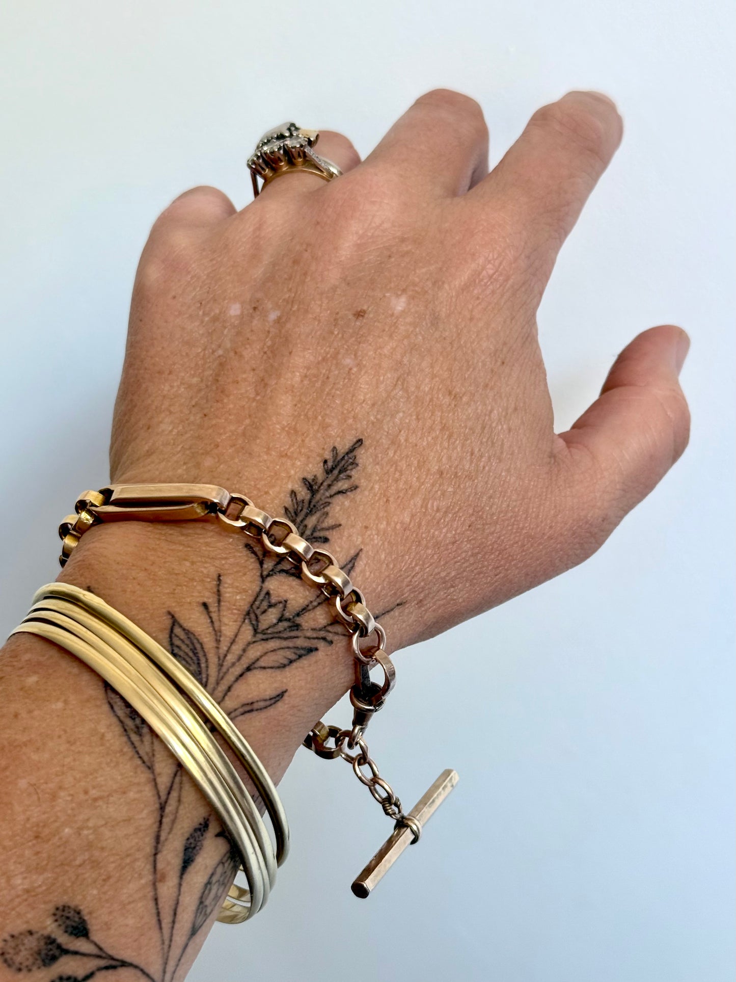 .1890s .1900s .9ct antique chunky gold fancy link double paper clip link fob chain with oversized T bar bracelet