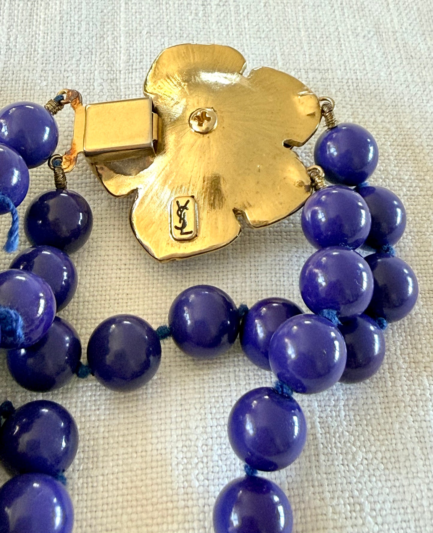 .100cm long .1980s Rare Yves Saint Laurent designer double long strand Lapis Blue Royal Blue Rose Flower gold tone floral clasp costume accent necklace