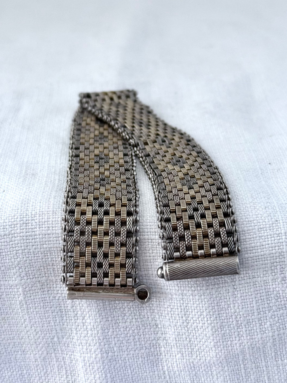 .1890s .1900s .925 antique Victorian fancy form gold fill and silver track mesh bracelet