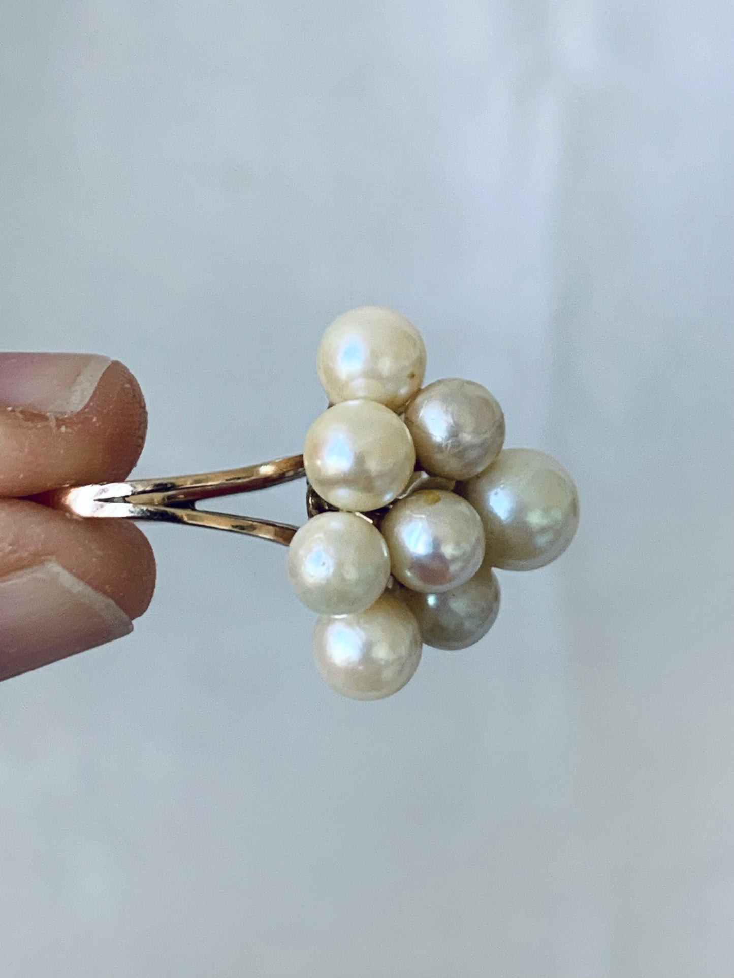 .14 pearls .1950s .1960s 9ct gold pearl floral stack magnificent and glorious modernist cocktail gold dress ring