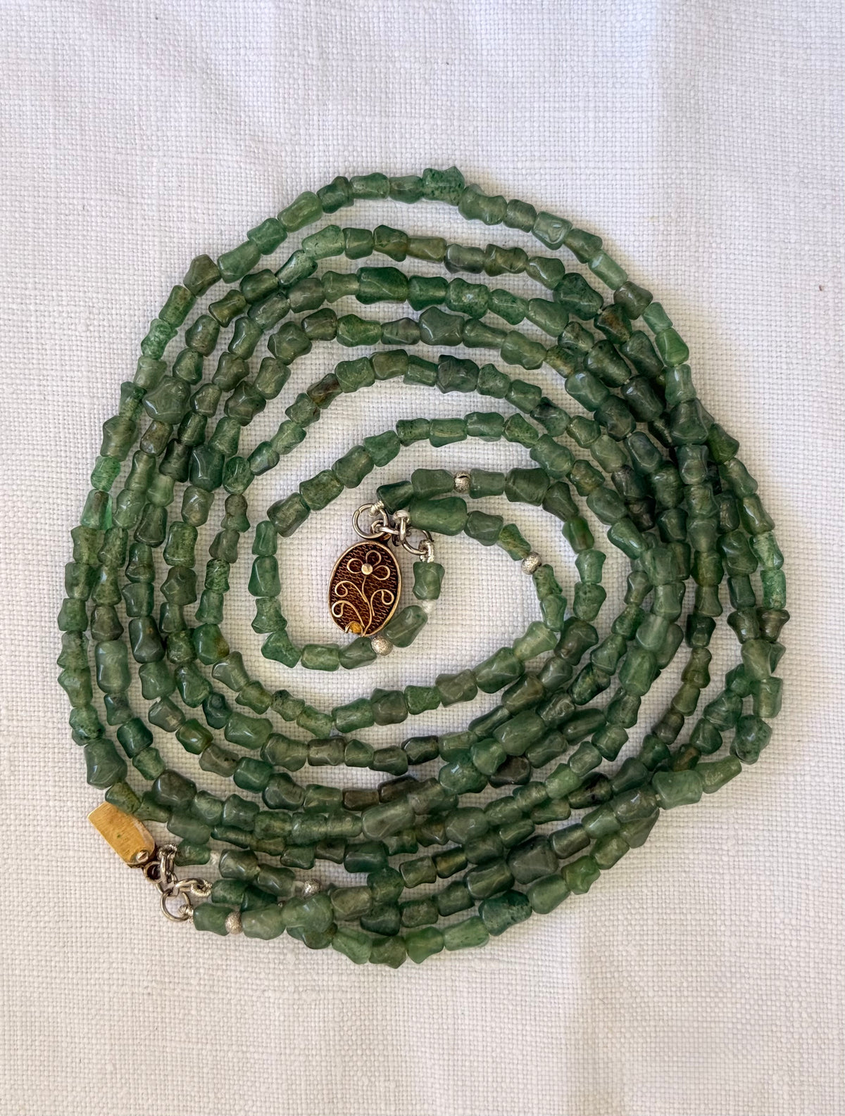 .1920s .1930s .1940s Chinese Aventurine “old Jade” Multi strand hand carved silver bamboo link export silver box clasp collectors necklace