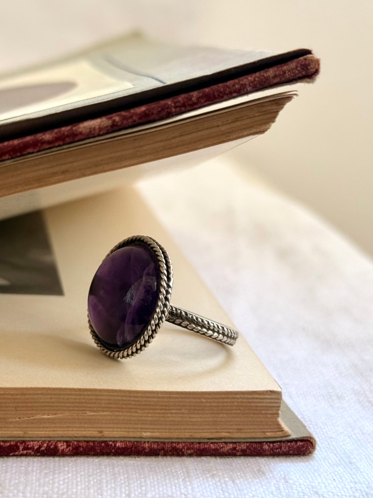 .925 Amethyst cabochon artisan made February birthstone hand crafted large traditional silver craftsman sterling silver statement ring