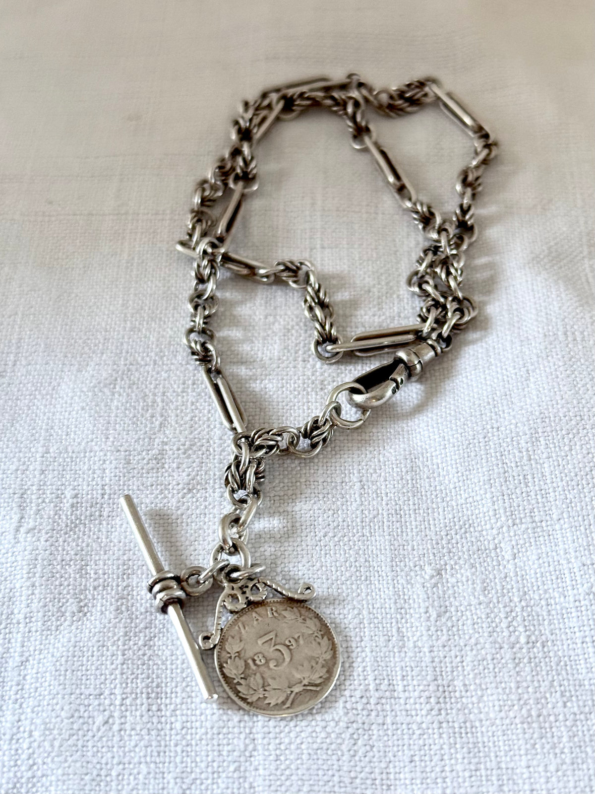 .1888 .1897 .925 antique solid silver fancy Albert fob chain Lovers Knot Trumpet link Paper clip link hallmarked sterling silver Victorian era double love knot watch chain necklace