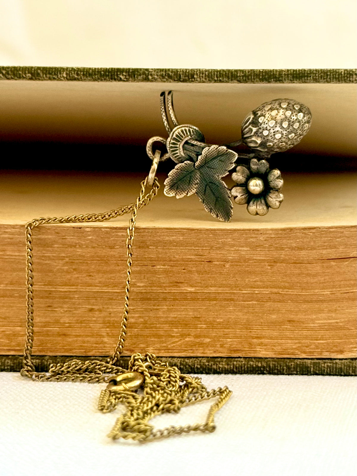 .1900s .1910s Art Nouveau French silver Strawberry and flower pendant and chain necklace
