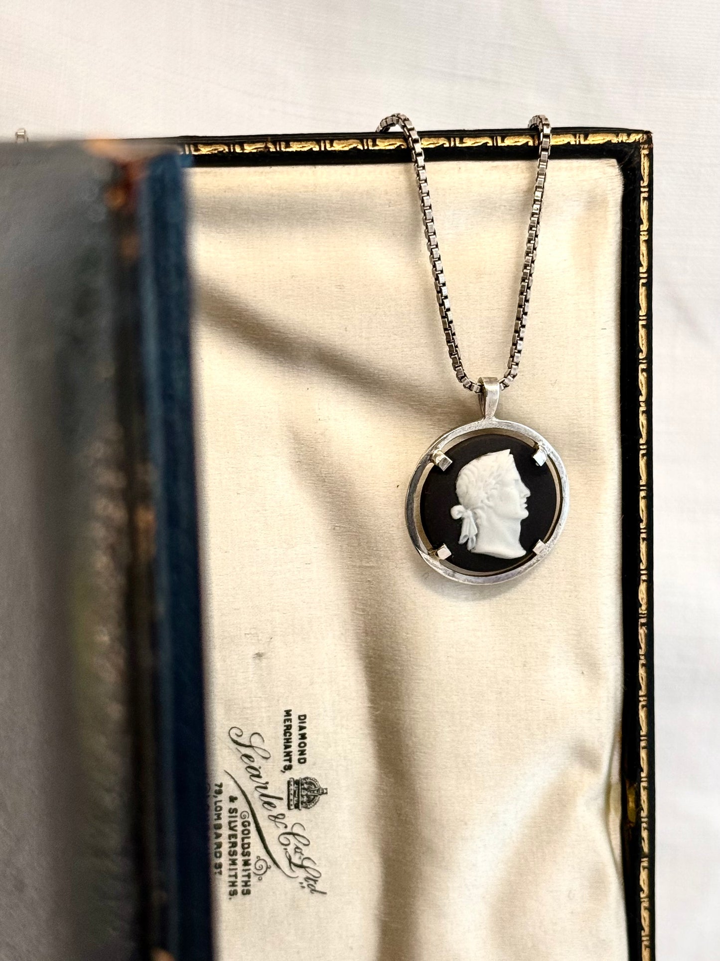 .1970s .925 Roman Emperor Josiah Wedgwood charcoal black ceramic Jasperware silver cameo pendant