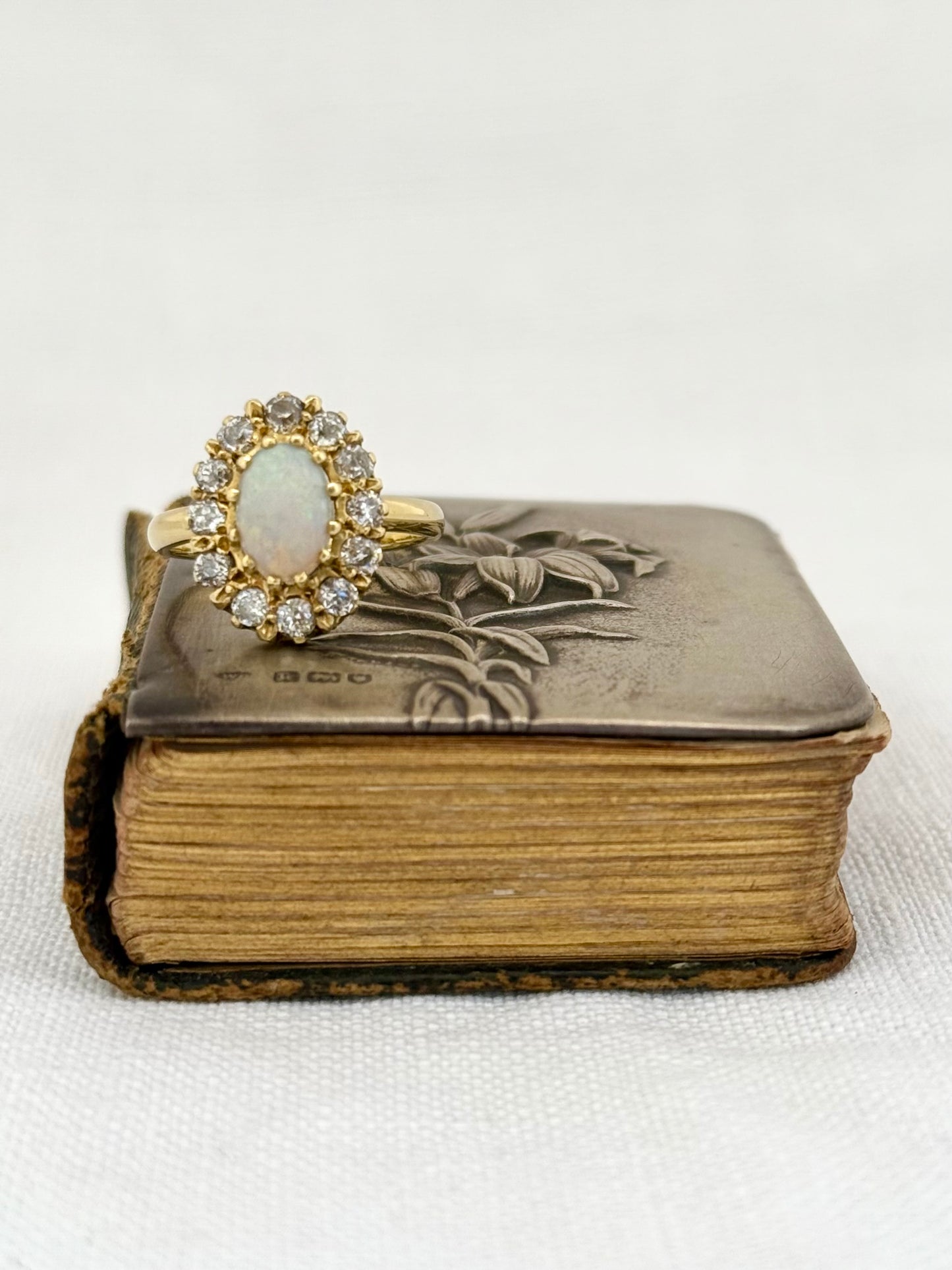 .18ct .12 diamonds 1900s magnificent antique Edwardian Opal and Diamond halo rosette beautiful heirloom dress ring