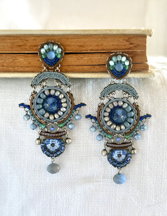 Ayala Bar Designer Blue and Turquoise and green hand made drop chandelier earrings
