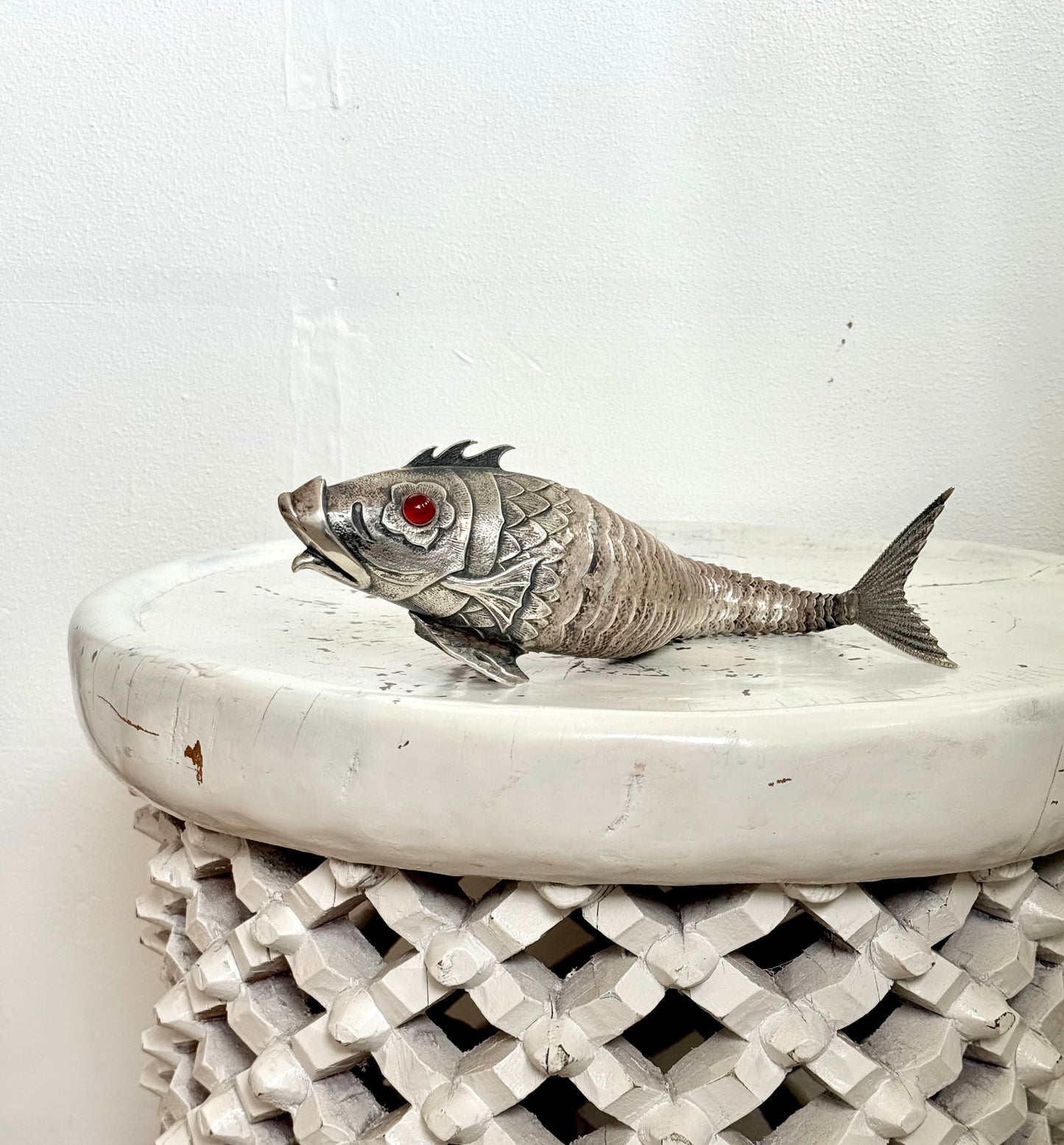 .1940s .915 articulated life sized hand made solid Spanish silver Large and magnificent artisan made Carb Fish rare treasured silver figural art statue