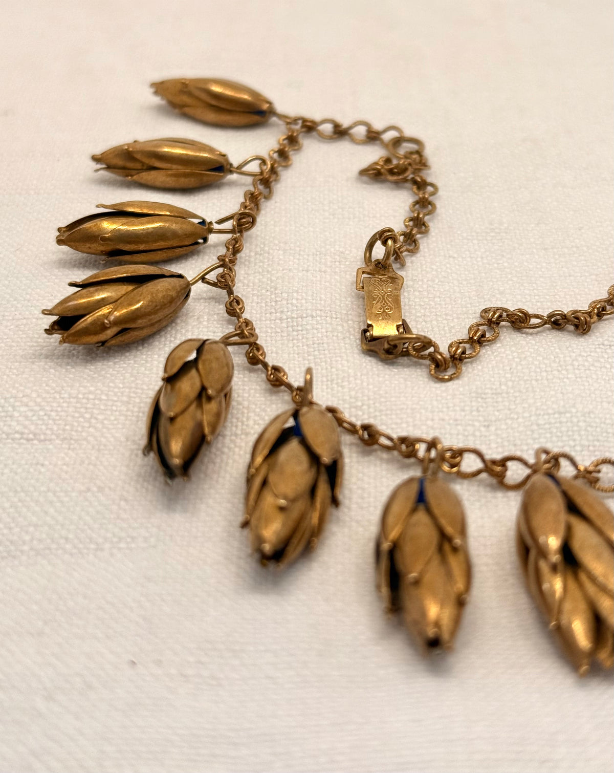 .1940s arts and crafts bronze flower pod seed pod fancy link dangle chocker chain Scandinavian necklace