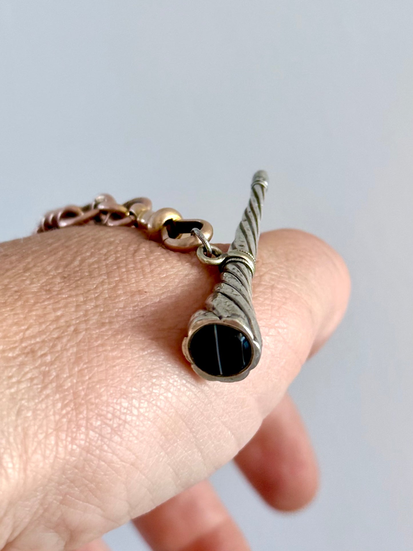 .1880s .1890s antique banded agate silver watch winder key Trumpet Shape horn of plenty Cornucopia pendant with banded Black Agate Gemstone accent