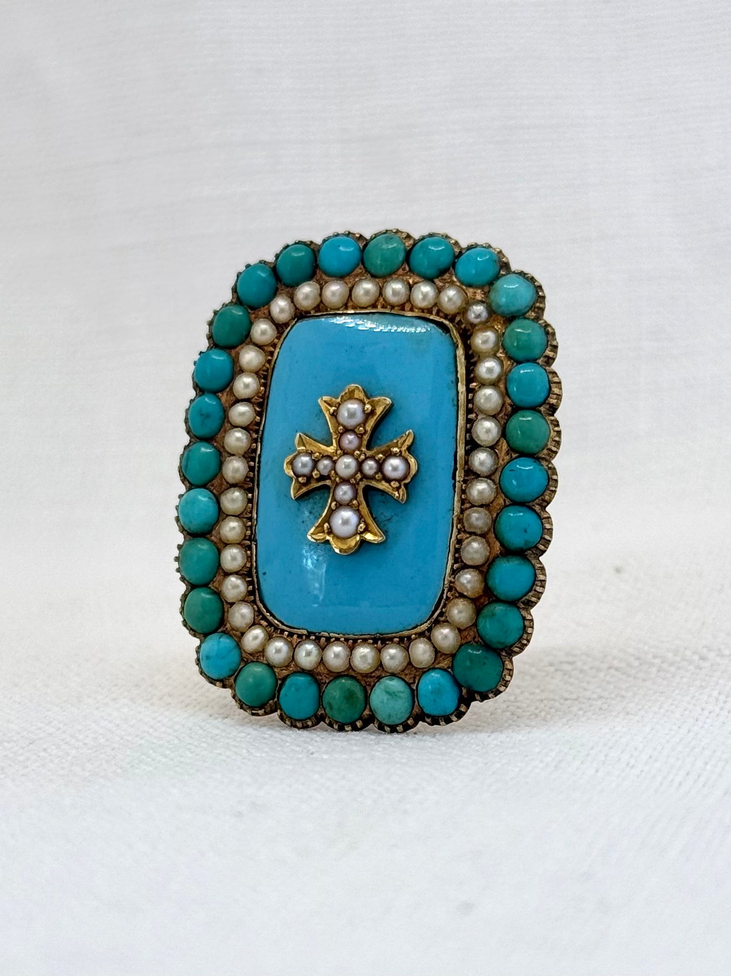 .15ct .1800s antique late Georgian early Victorian rare and magnificent Turquoise Pearl enamel high carat gold Maltese cross brooch pin