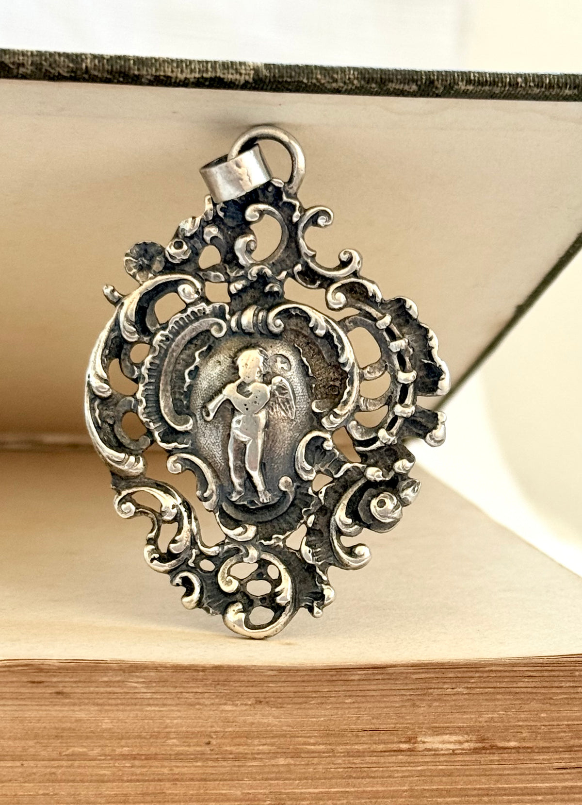 .1896 .925 antique Baroque revival left angel trumpet playing cherub filigree large sterling silver Victorian hallmarked silver pendant