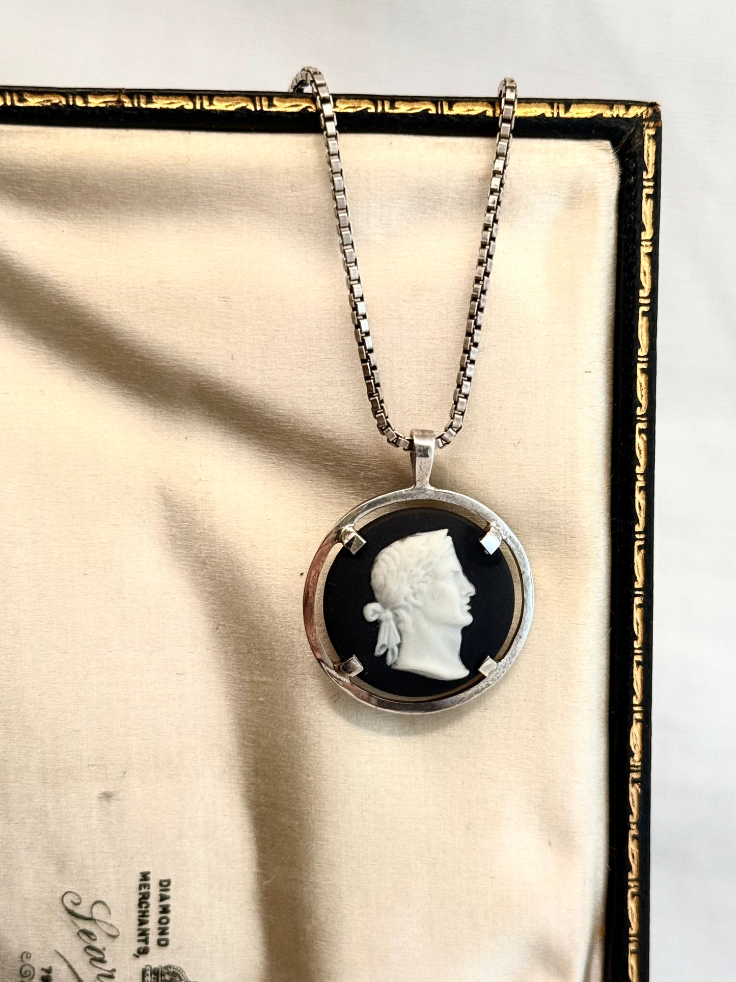 .1970s .925 Roman Emperor Josiah Wedgwood charcoal black ceramic Jasperware silver cameo pendant