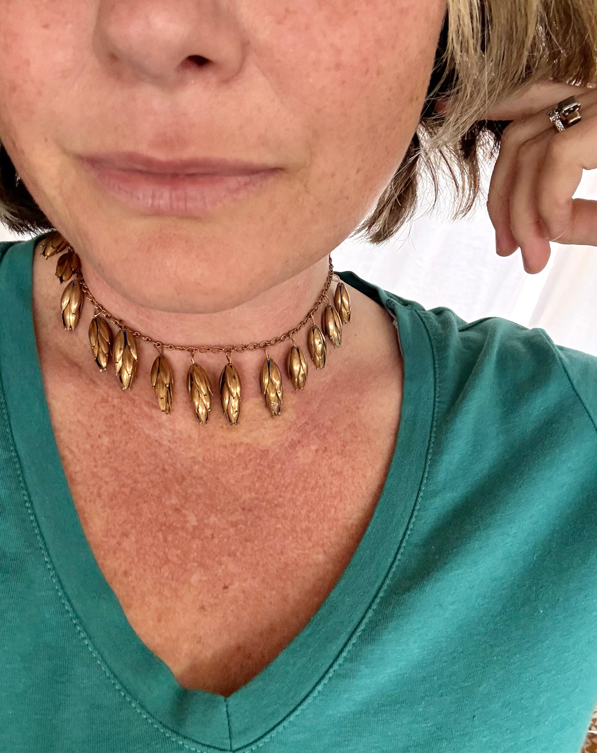 .1940s arts and crafts bronze flower pod seed pod fancy link dangle chocker chain Scandinavian necklace