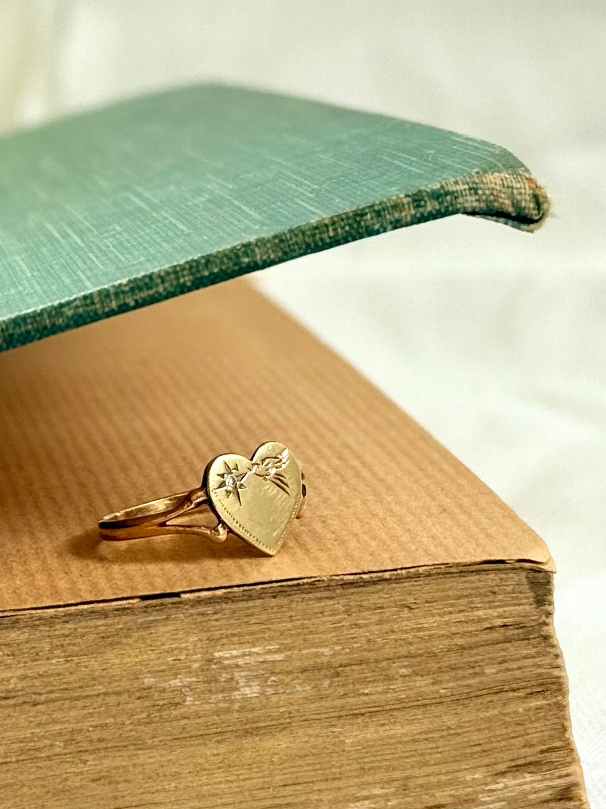 .375 .9ct gold heart token diamond starburst sweetheart love token swallow bird heart ring