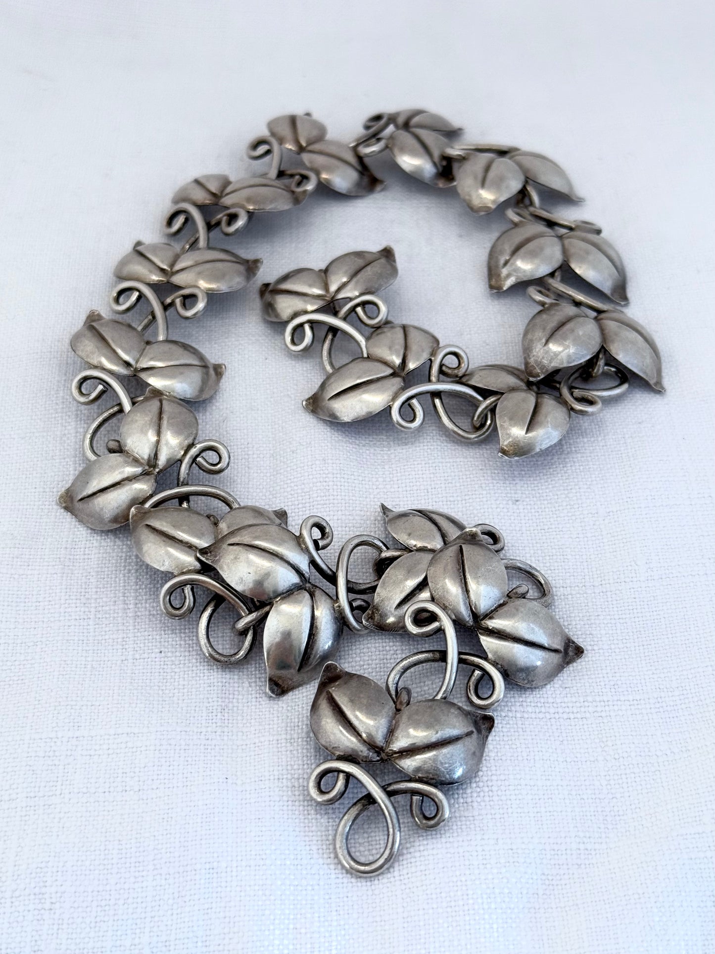 .1946 .925 designer mid century modern double leaf solid sterling silver modernist Scandinavian Swedish Haglund designer heirloom statement necklace