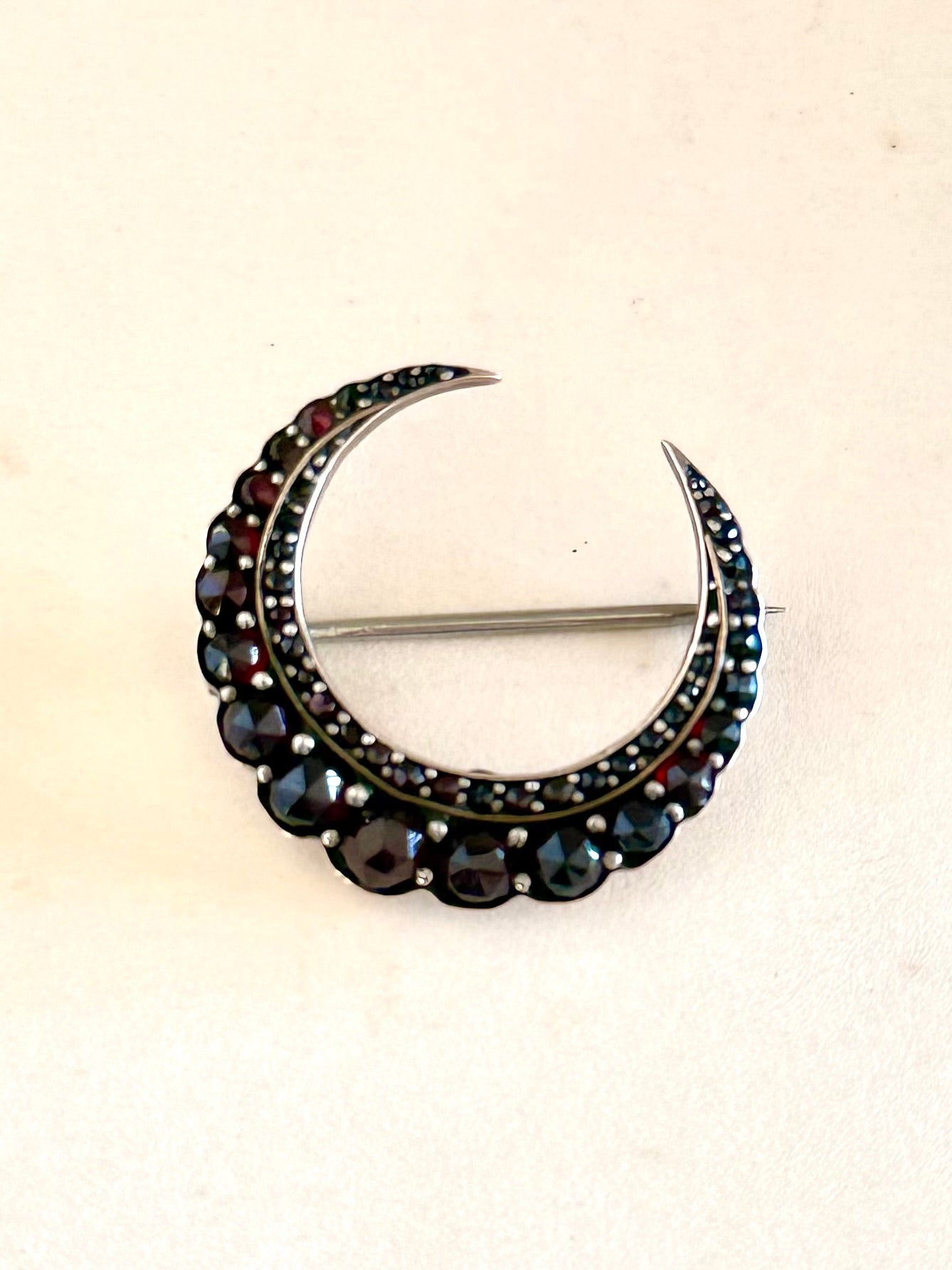 .1880s .1890s antique fine Bohemian Garnet gemstone set crescent celestial moon collectors silver gold brooch