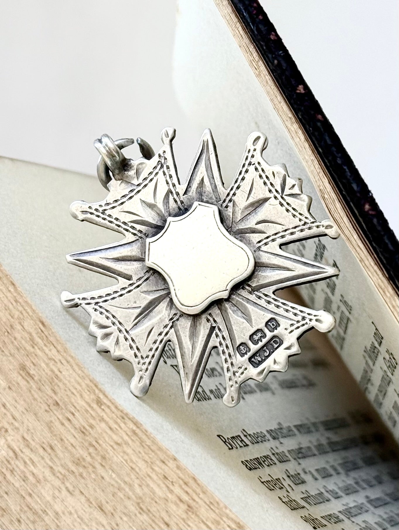 .1901 .925 antique Maltese Cross form Birmingham hallmarked English solid silver hand engraved fob medallion pendant