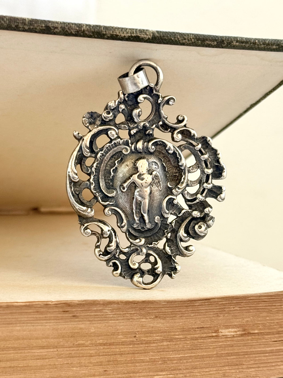 .1896 .925 antique Baroque revival left angel trumpet playing cherub filigree large sterling silver Victorian hallmarked silver pendant