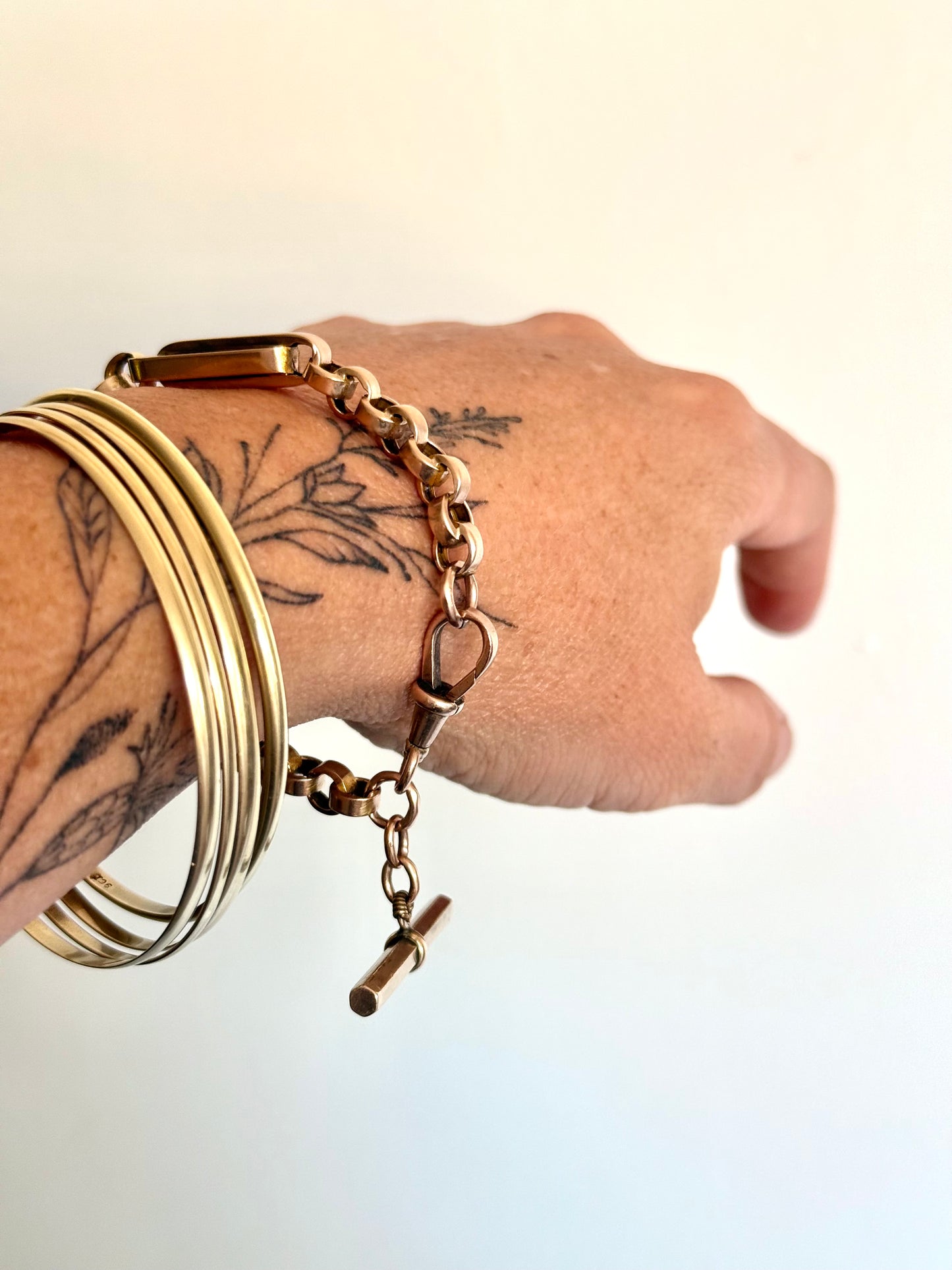 .1890s .1900s .9ct antique chunky gold fancy link double paper clip link fob chain with oversized T bar bracelet