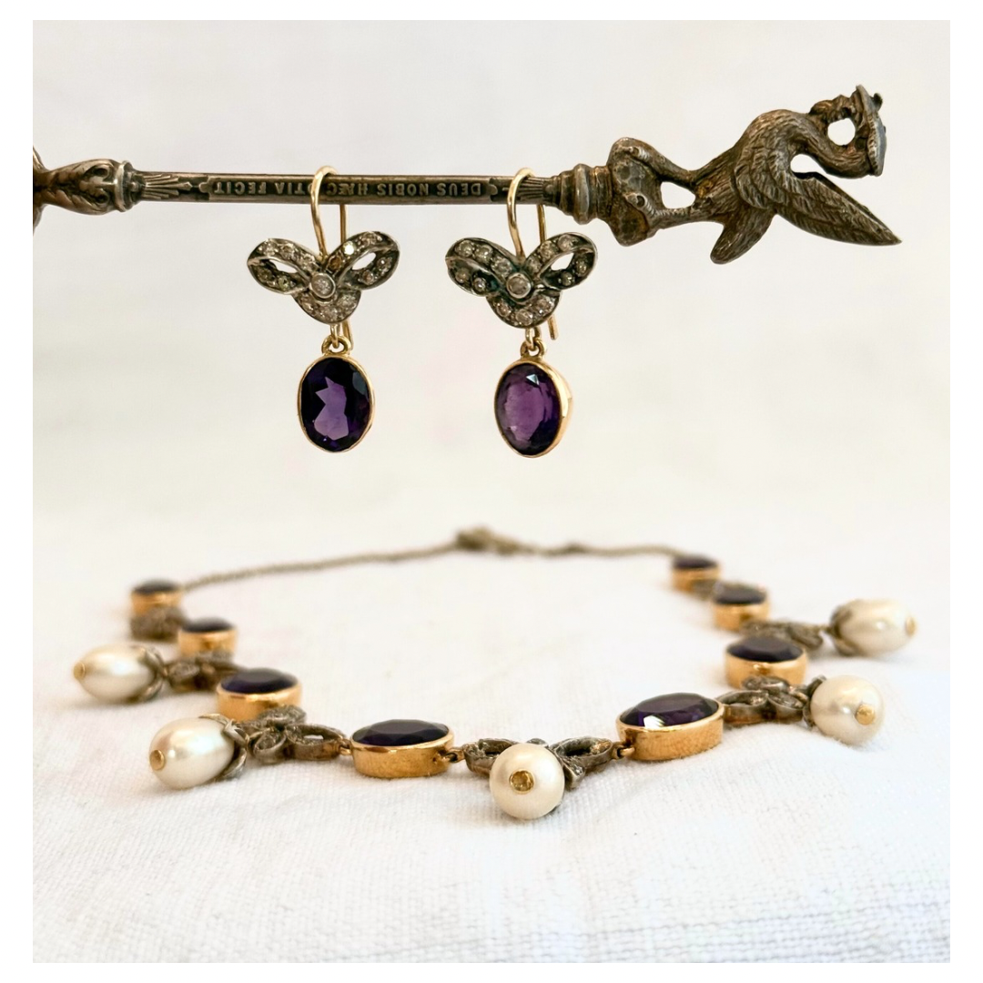 .1880s 1900s .18ct gold antique Belle Epoque Amethyst Diamond and pearl bow and ribbon Collier 750 marked necklace and earring set