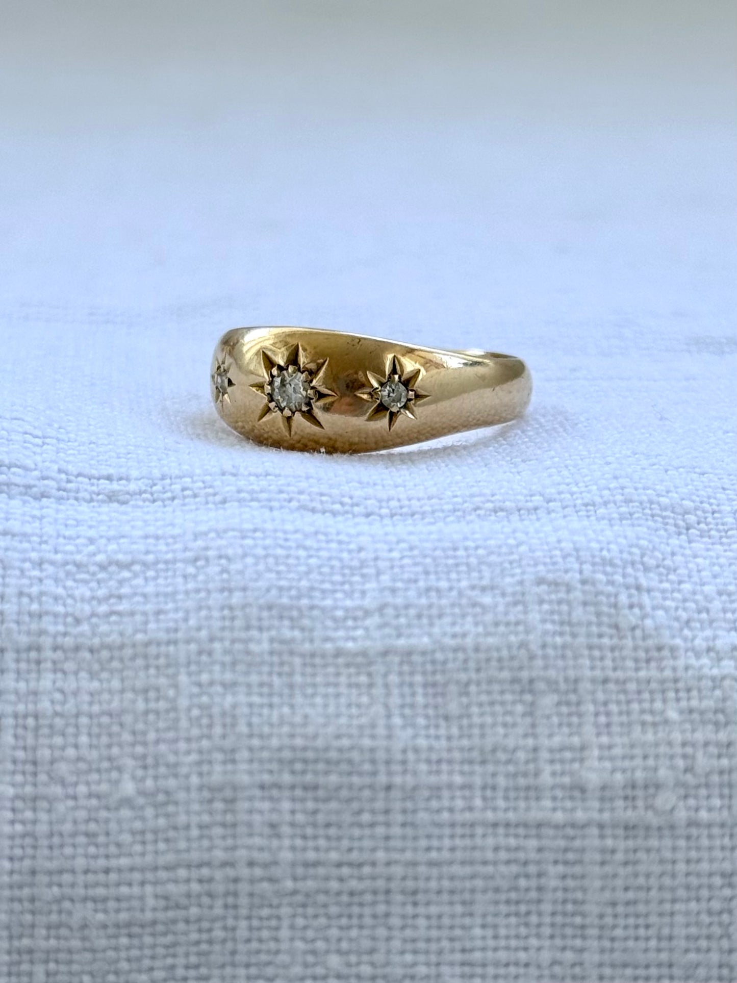 .1894 .18ct .3 diamond Birmingham circa 1894 fancy three star starburst diamond gypsy band high carat gold Victorian engagement wedding commitment ring