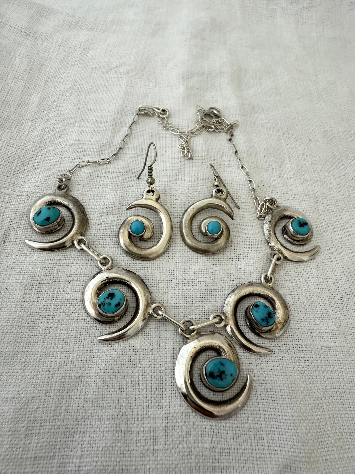 .1970s .925 artisan made designer Navajo silversmith turquoise silver swirl pattern necklace and designer Mildred Parkhurst earring set
