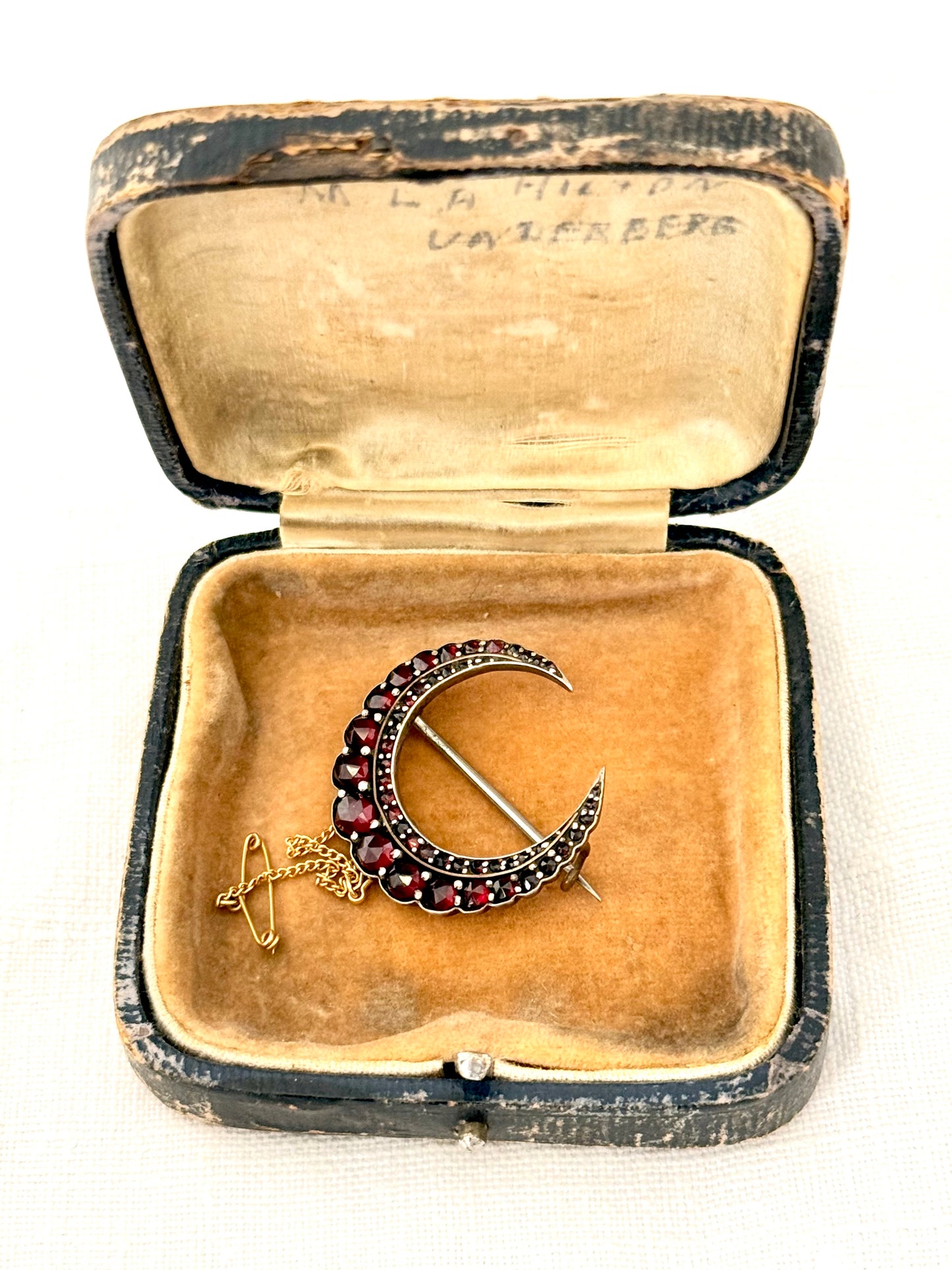 .1880s .1890s antique fine Bohemian Garnet gemstone set crescent celestial moon collectors silver gold brooch