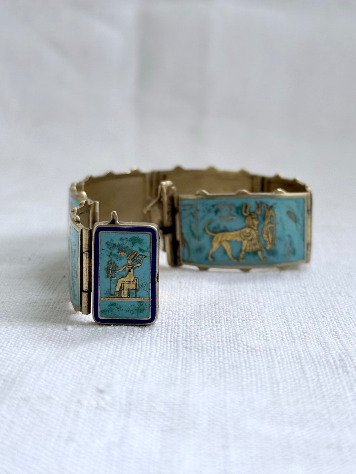 .1920s .935 Egyptian silver rare desired Egyptian revival gold gilded turquoise enamel 6 panel pictorial Pharaoh Egyptology enamel silver gold bracelet