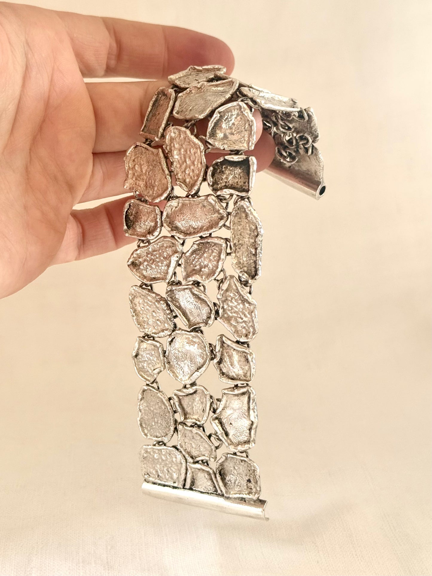 .1950s .925 Brutalist Modernist chunky silver hand made free form wide solid silver accent panel bracelet