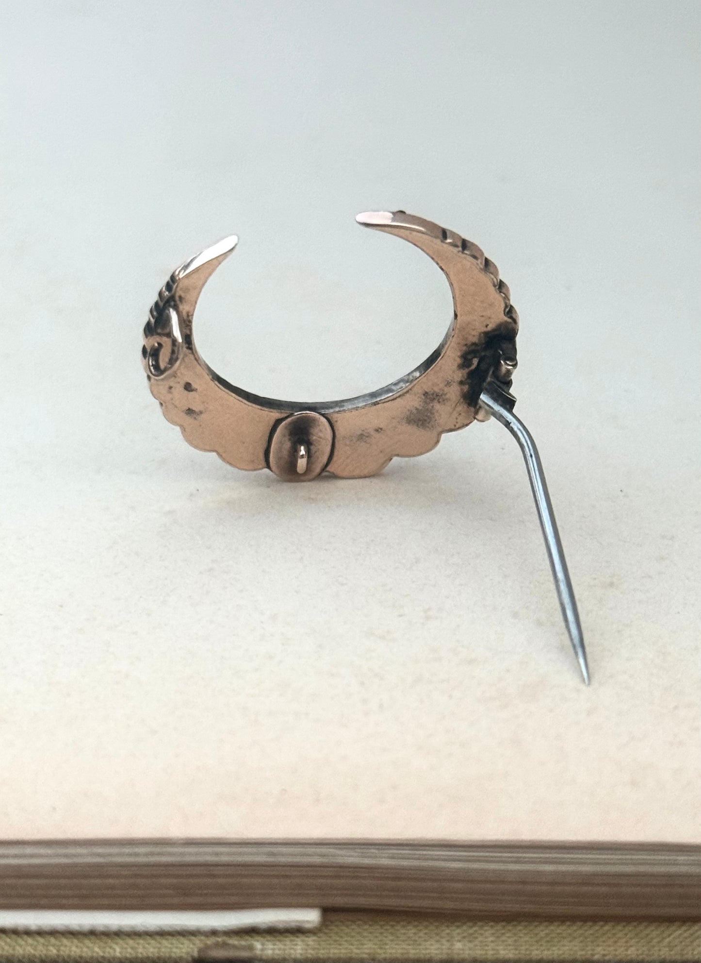 .1880s .1890s antique fine Bohemian Garnet gemstone set crescent celestial moon collectors silver gold brooch
