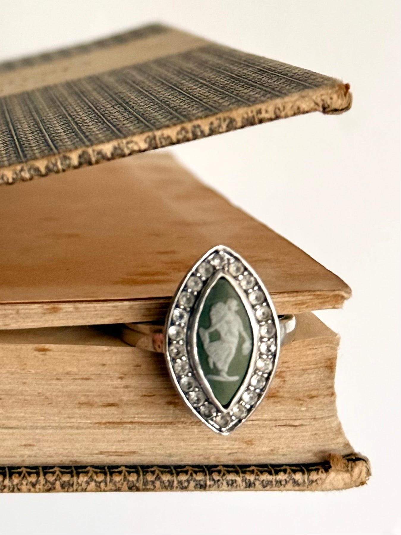 .1970s .925 dancing dame Grecian style moss green Jasperware high relief Wedgwood cameo set into modernist clear gemstone naiveté sterling silver dress ring