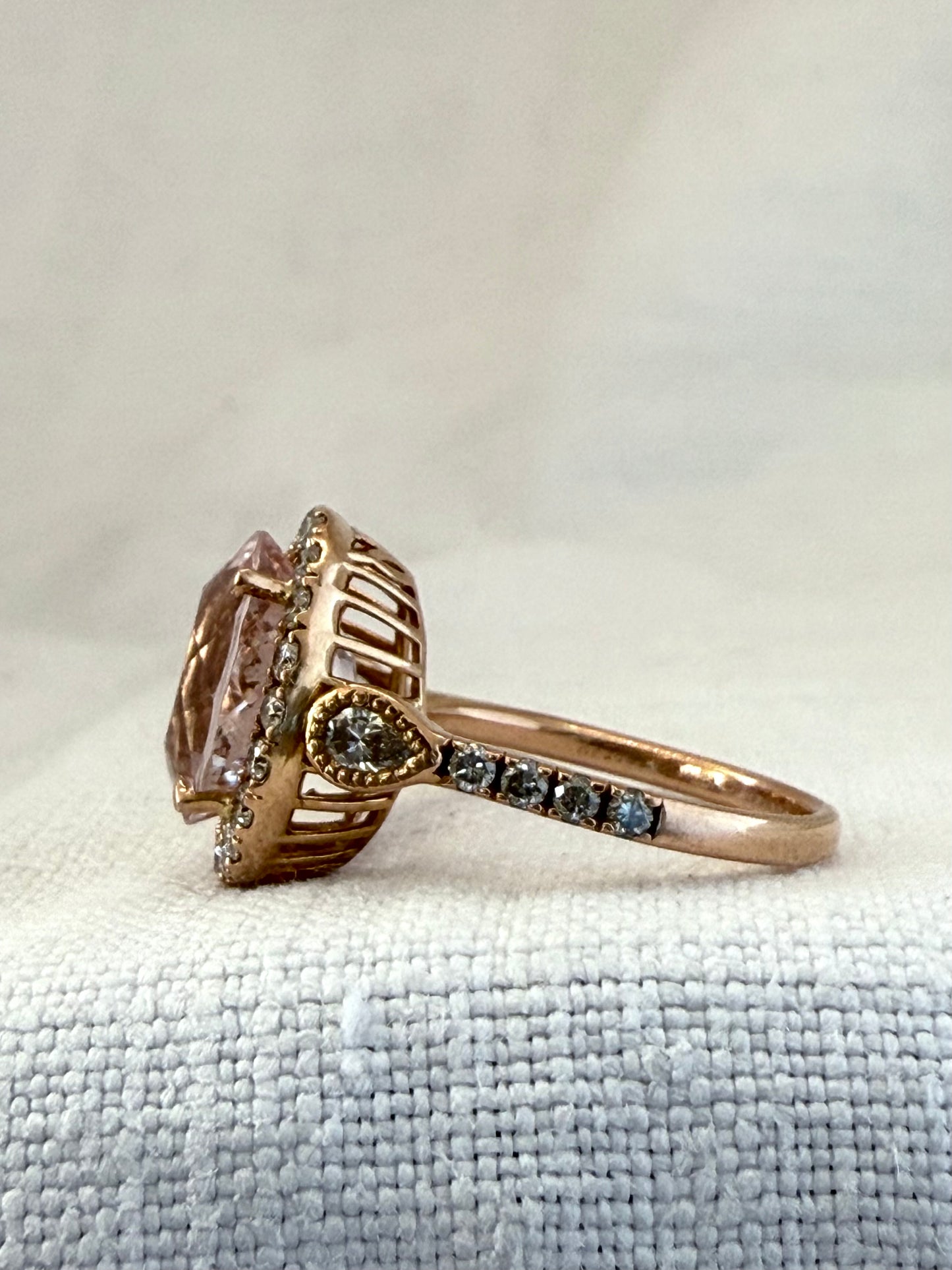 0.85ct 30 Diamond and Browns designer large Oval Pink Morganite gemstone 18ct luxury gold halo ring