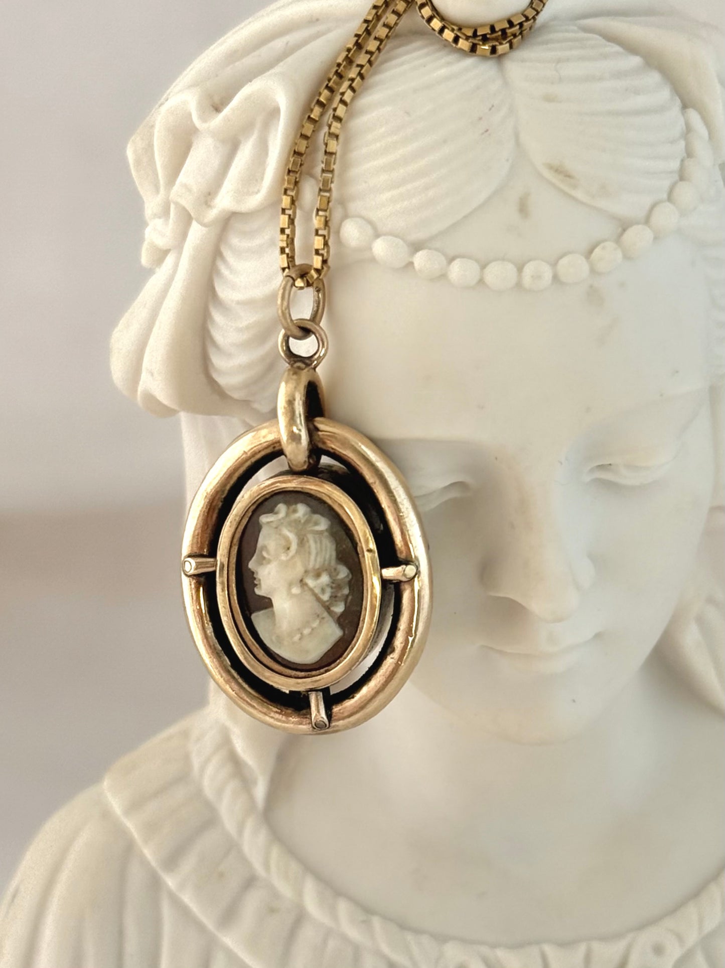 .1800s 1850s .375 .9ct antique Victorian gold and enamel French Jet and Shell carved Cameo pendant